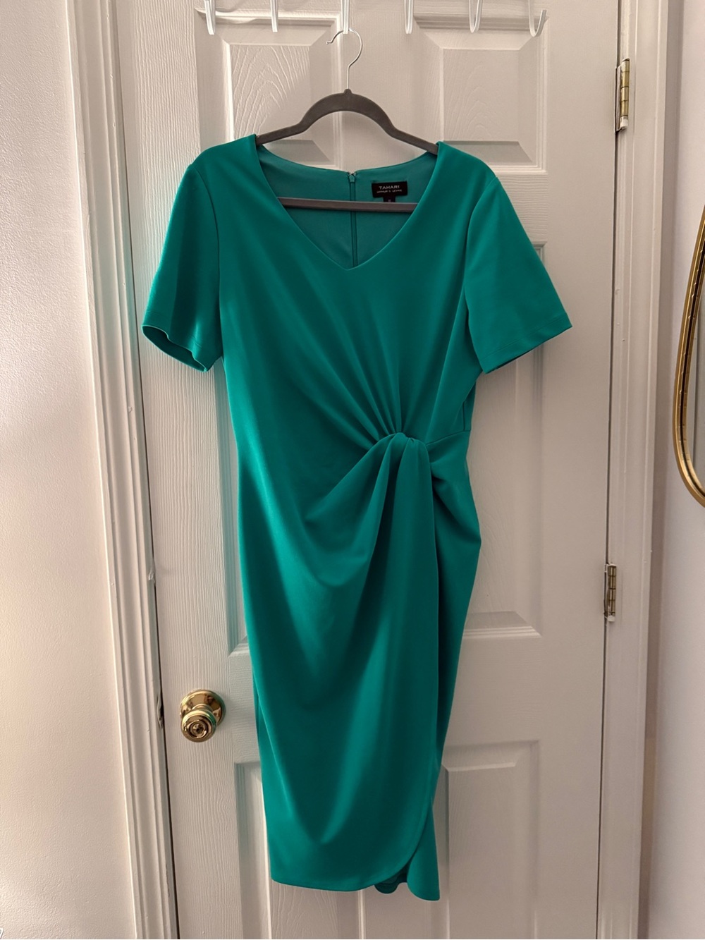 Tahari Arthur S Levine Teal Asymmetrical Tie Front V Neck Dress Size 10
